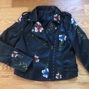 Floral Embroidered Faux Leather Moto Jacket